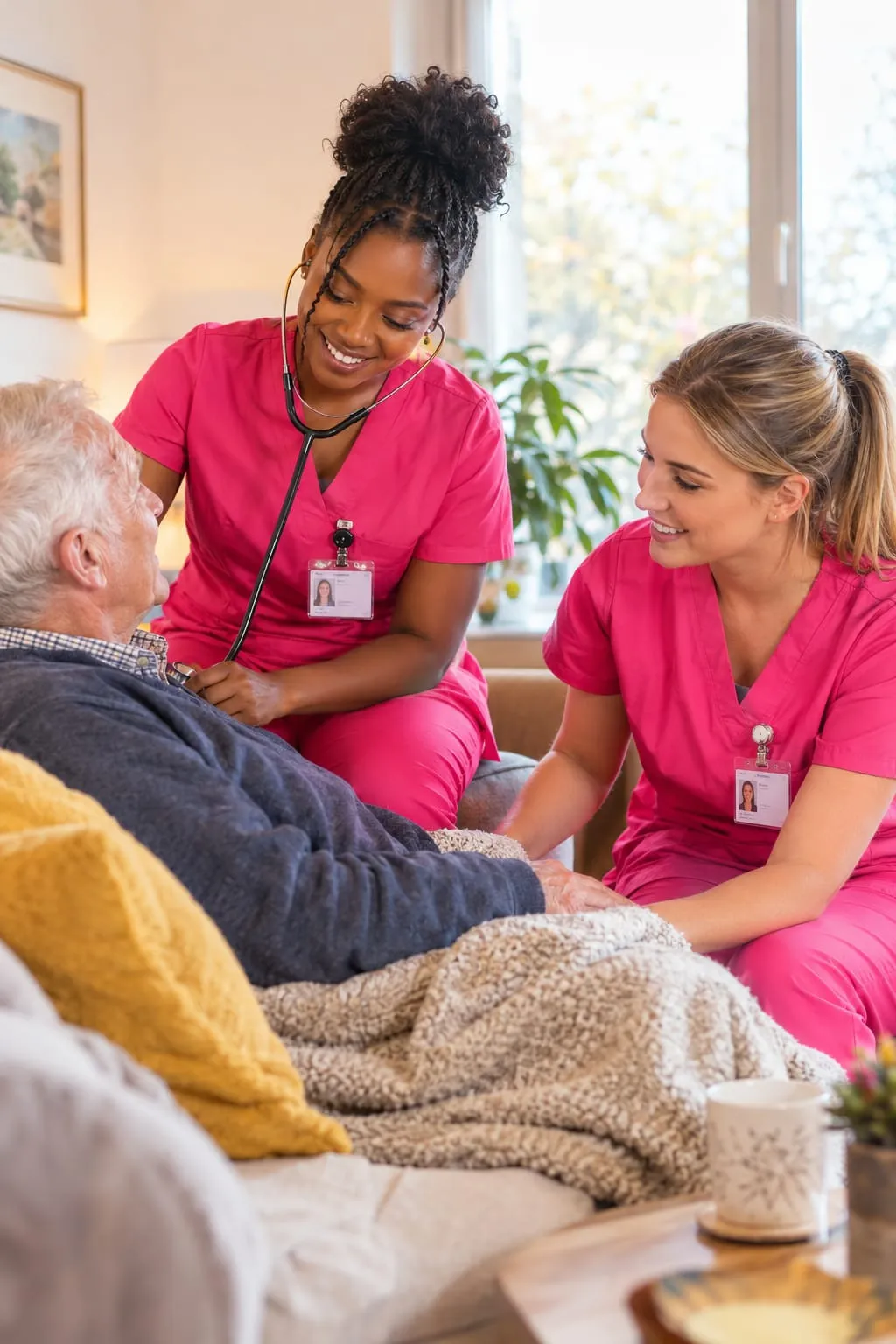 Une infirmière à domicile accompagne un patient âgé assis dans son salon.